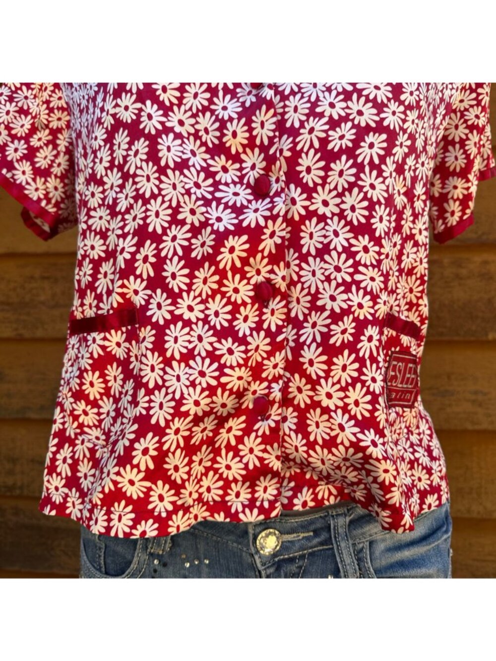Vintage E-Sleep Red & White Daisy Print Button-Up Pajama Top 90s Medium - Picture 5 of 10